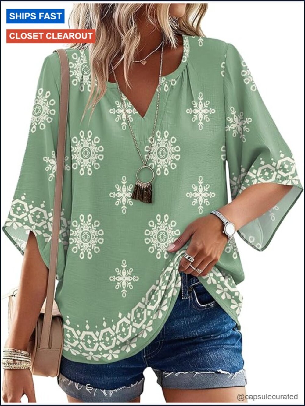 Boho 3/4 Sleeve V Neck Tunic Blouse Loose Fit Casual Vacation Top S-3XL